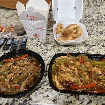 Asian Wok - Spicy Basil Dish, chicken with garlic, 6 Pieces Pot Sticker, white rice - Chinese Near Me - Las Vegas, Nevada
