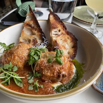 Magnolia House - Meatballs - Veal, Pork, Passata, Ricotta, Pesto Genovese, Pecorino Crostone - Cocktail Bars Near Me - Pasadena, California