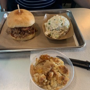 Heim Barbecue - Pulled pork with potato salad and cobbler of the day. - Barbeque Near Me - Dallas, Texas