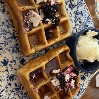 Tupelo Honey - Waffles with blackberry jam it came with the chicken steak - Southern Near Me - Franklin, Tennessee Tupelo Honey - Waffles with blackberry jam it came with the chicken steak - Southern Near Me - Franklin, Tennessee