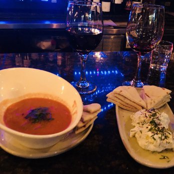 Dunya Bistro - Lentil tomato soup with tatziki & pita and a glass of Bordeaux - Mediterranean Near Me - San Francisco, California
