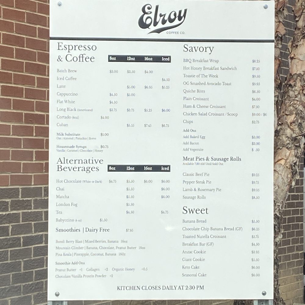 Elroy Coffee - Menu conveniently posted before the drive thru window. - Coffee & Tea Near Me - Franklin, Tennessee
