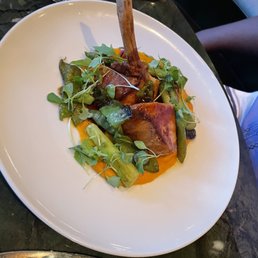 Pork chop, sweet potato mash, and veg