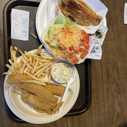 Catfish (Farm Raised), salad, flounder and fries