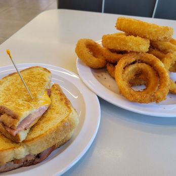 R Burgers - Grilled ham and cheese and a side of onion rings. All good, but sadly, it's not priced as a combination. - Burgers Near Me - Riverside, California