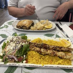 Chk souvlaki and moussaka platters