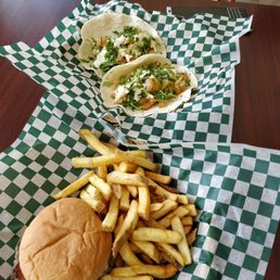 Fish taco, burger and fries Fish taco, burger and fries