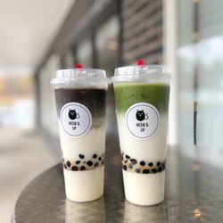 Meow & Sip - Hojicha and matcha boba lattes with panna cotta