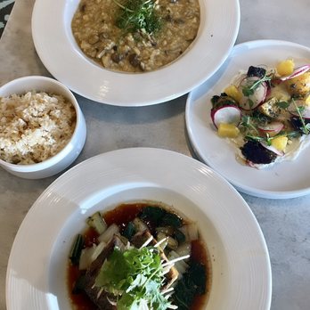 et al. - (top view) Maui beets; Grilled Kona kampachi w garlic rice; Hamakua mushroom risotto - Breakfast & Brunch Near Me - Honolulu, Hawaii