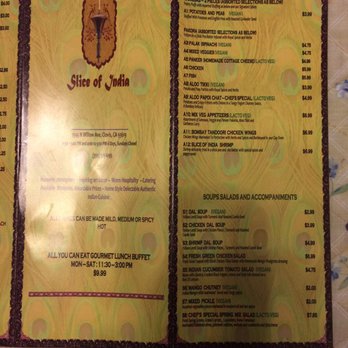 Slice of India - Page 4 of menu along with location and times for lunch. - Indian Near Me - Clovis, California Slice of India - Page 4 of menu along with location and times for lunch. - Indian Near Me - Clovis, California