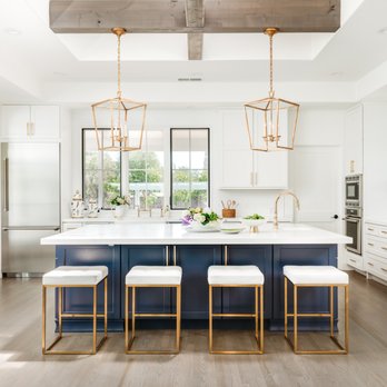 Golden Gate Kitchens - Saratoga Modern Farmhouse White cabinets with blue island and large cage style pendants - Interior Design Near Me - Los Altos, California Golden Gate Kitchens - Saratoga Modern Farmhouse White cabinets with blue island and large cage style pendants - Interior Design Near Me - Los Altos, California