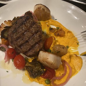 Carbone's Prime - Surf and turf special over butternut squash purée - Steakhouses Near Me - Rocky Hill, Connecticut