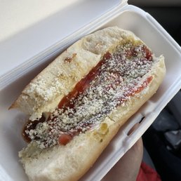 Hot dog without mustard, onions, and peppers. Hot dog without mustard, onions, and peppers.