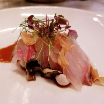 Uchi Dallas - Shima aji crudo (striped jack, garlic, mushroom, lemon, soy) - Japanese Near Me - Dallas, Texas Uchi Dallas - Shima aji crudo (striped jack, garlic, mushroom, lemon, soy) - Japanese Near Me - Dallas, Texas