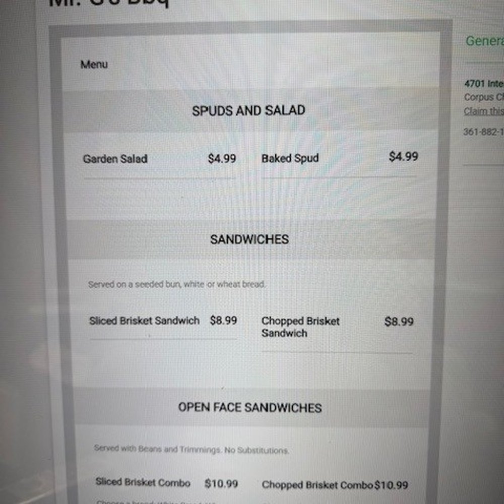 Mr. G's BBQ - online menu price. If incorrect this needs to be corrected or taken down. - Barbeque Near Me - Corpus Christi, Texas Mr. G's BBQ - online menu price. If incorrect this needs to be corrected or taken down. - Barbeque Near Me - Corpus Christi, Texas