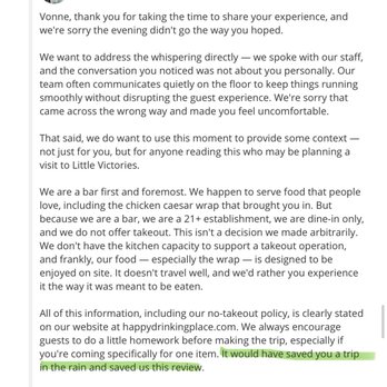 Little Victories - Owner's response to another customer's review. Yikes, very professional. Do better. - Bars Near Me - Chicago, Illinois