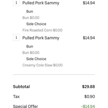 Smokey Bones - UberEats had a promotion of buy one pulled pork sammy at $14.94 get one free. 1/24/2023 - Barbeque Near Me - Utica, Michigan Smokey Bones - UberEats had a promotion of buy one pulled pork sammy at $14.94 get one free. 1/24/2023 - Barbeque Near Me - Utica, Michigan