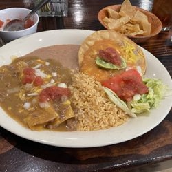 El Ranchito - #8.  Two cheese enchiladas, a chalupa rice and beans.  With a bowl of chips and homemade hot sauce.