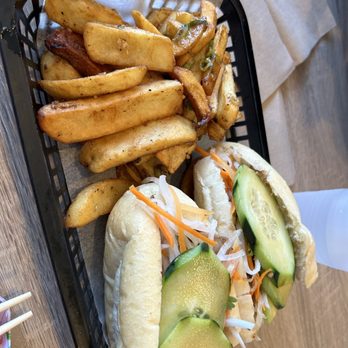 Blurr Kitchen - Roasted Spiced Pork Sandwich + Garlic Fries - Asian Fusion Near Me - Santa Clara, California Blurr Kitchen - Roasted Spiced Pork Sandwich + Garlic Fries - Asian Fusion Near Me - Santa Clara, California