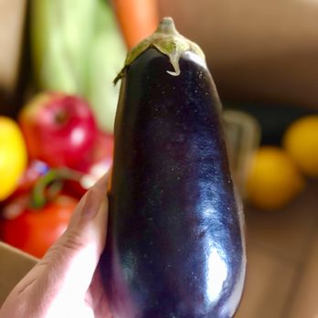 Perfectly imperfect Produce - a hand holding a purple eggplant - Fruits & Veggies Near Me - Cleveland, Ohio