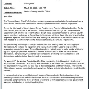 Calwise Spirits - Thank you Aaron and crew for your support of our Law Enforcement and communities during this unprecedented time. Cheers! - Distilleries Near Me - PASO ROBLES, California Calwise Spirits - Thank you Aaron and crew for your support of our Law Enforcement and communities during this unprecedented time. Cheers! - Distilleries Near Me - PASO ROBLES, California