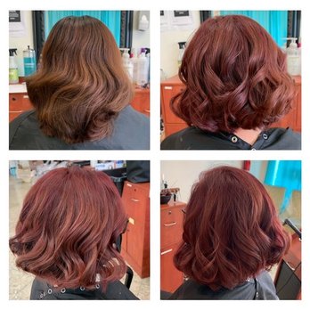 Perfect Style - The upper left photo is a before photo and the rest are after photos. This shade she decided to use on me is called violet red. Love it! - Hair Salons Near Me - La Puente, California