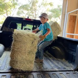 Round Up Feed - My grandson helping grandpa unload hay while sporting his new hat! Thanks to the great staff at Round Up!!