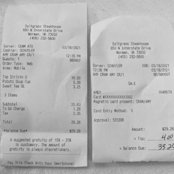 Saltgrass Steak House - Receipt - Steakhouses Near Me - Norman, Oklahoma Saltgrass Steak House - Receipt - Steakhouses Near Me - Norman, Oklahoma