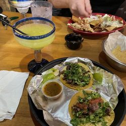 Rancho Viejo Mexican Grill - Steak/bisket tacos with lime margarita.