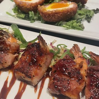 Thirsty Lion - Traditional Scotch eggs and Bacon Wrapped BBQ Prawns - American Near Me - Denver, Colorado