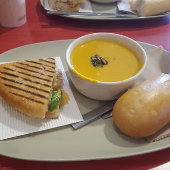 Panera Bread - Half Chipotle Chicken Avocado panini and cup of Autumn Squash soup - Sandwiches Near Me - Solon, Ohio Panera Bread - Half Chipotle Chicken Avocado panini and cup of Autumn Squash soup - Sandwiches Near Me - Solon, Ohio