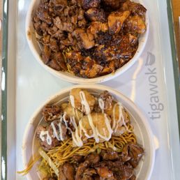 3 entree bowl (orange peel chicken, tiga cola chicken, mapo tofu) and 2 entree bowl (honey walnut shrimp and tiga cola chicken)