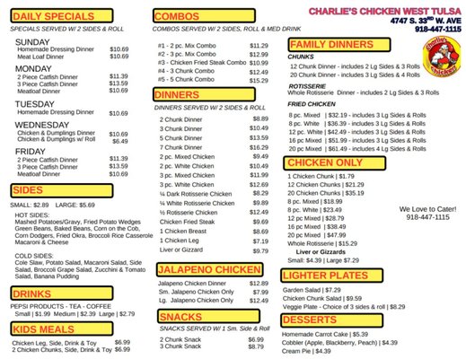 Menu photo 1 Charlie's Chicken West Tulsa Tulsa, OK Menu photo 1 Charlie's Chicken West Tulsa Tulsa, OK