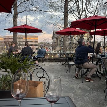 Passerelle Bistro - View from my outdoor table. Wine samples - I definitely didn't order two glasses of wine for one. - French Near Me - Greenville, South Carolina Passerelle Bistro - View from my outdoor table. Wine samples - I definitely didn't order two glasses of wine for one. - French Near Me - Greenville, South Carolina