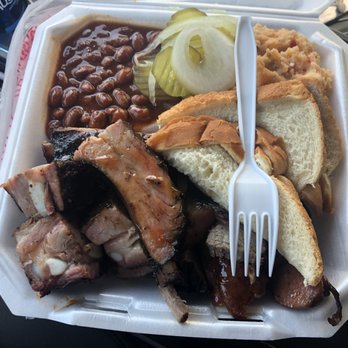 Duke's Bar-B-Que - 3-Meat Plate (Ribs, Sliced Beef, Sausage)   The whole package! - Barbeque Near Me - Cleveland, Texas