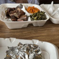 Sam's Soul Food & BarBQ - Rip tips with sweet potato's and turnip greens