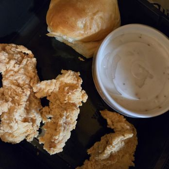 Golden Chick - 3 chicken straps with roll and white gravy - Fast Food Near Me - Grand Prairie, Texas Golden Chick - 3 chicken straps with roll and white gravy - Fast Food Near Me - Grand Prairie, Texas