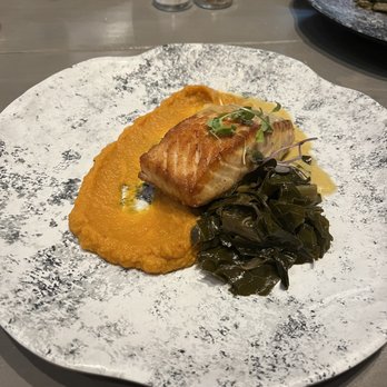Hook & Barrel - Salmon with sweet potato purée and collards - Seafood Near Me - Myrtle Beach, South Carolina