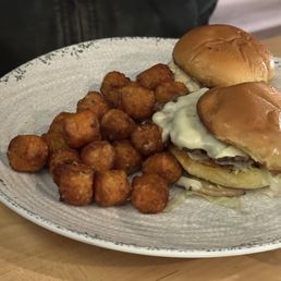 Smash burger sliders with sweet potato tots