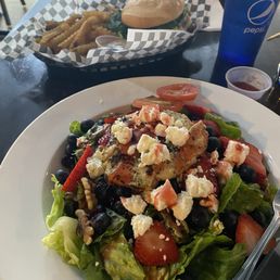 Summer Salad with chicken and Mushroom Burger with fries.