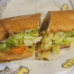 Which Wich - Roast beef sandwich, I got it with dbl cheese and added both Cheddar and Provolone. The spicy peppers added a nice kick to it!