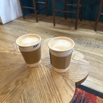 Recreational Coffee - Right - hot Honey Vanilla Latte with oatmilk.  Left: Hot Almond Orgeat Latte with oatmilk. - Coffee & Tea Near Me - Long Beach, California