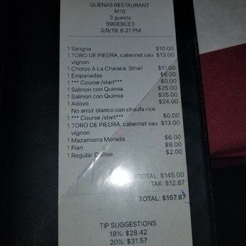 Quenas Restaurant - Check total - Peruvian Near Me - Harrison, New York