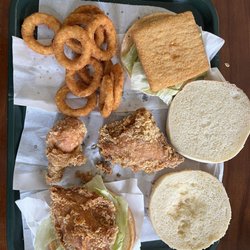 98k Hamburger - Lunch - the 3 piece mixed chicken, codfish burger & fried chicken sandwich are good flavor, onion rings are not crispy.