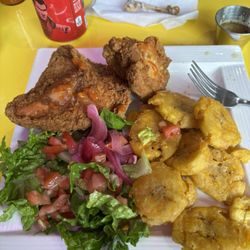 House Kitchen - This is "HOUSE KITCHEN's" special fried chicken with fried green plantains(tostones) and a lil salad Magnificent