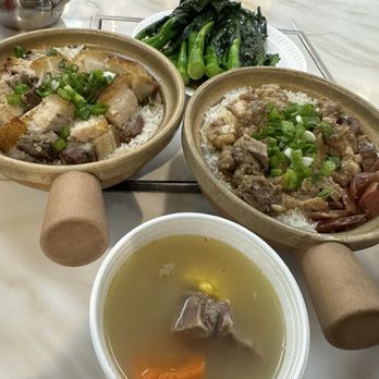 Jonny Claypot Rice - Roasted pork belly claypot rice and chinese sausage and ribs claypot rice, with soup and Chinese broccoli - Chinese Near Me - Chicago, Illinois