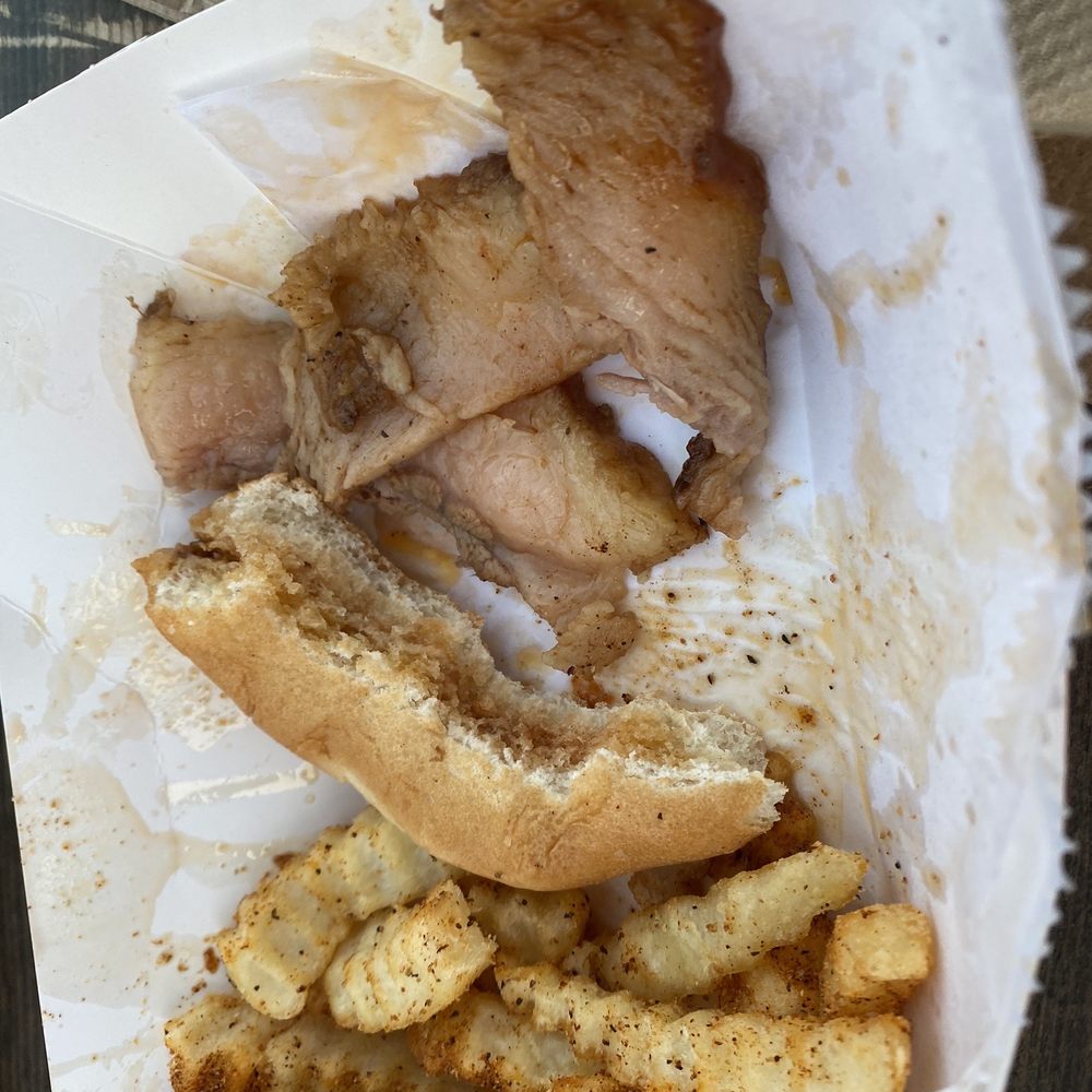 Over salted French fries and 3 of the 6 extremely fatty slabs of beef brisket. Disgusting! Over salted French fries and 3 of the 6 extremely fatty slabs of beef brisket. Disgusting!