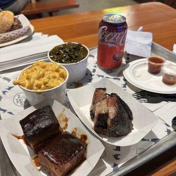Pig Beach BBQ - A can of Cherry Coke and a Combo 2: 2 meats (1/3 lb Burnt Ends and 1/4 lb brisket) with 2 small sides (Mac and Cheese and Collard Greens) - Barbeque Near Me - Astoria, New York