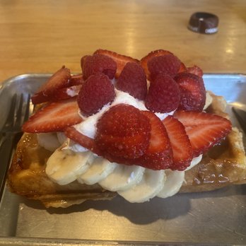 Waffle Love - "Red wonder" waffle with bananas, strawberries and raspberries topped with whip cream - Waffles Near Me - Northridge, California Waffle Love - "Red wonder" waffle with bananas, strawberries and raspberries topped with whip cream - Waffles Near Me - Northridge, California