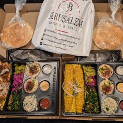 Chicken Shawarma Platter and Spicy Kufta Chicken Kabob Platter to go. $18.99 each. Includes hummus, baba ghanoush, tahini salad, tabbouleh +